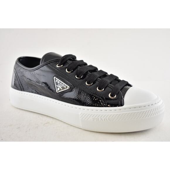 Prada Smash Naplak Black White Patent Logo Flat Low Top Trainer Sneaker 39 - Picture 5 of 16